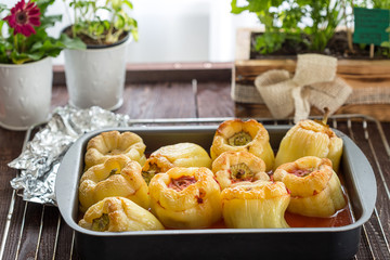 Homemade Stuffed Peppers with Meat, Kidney Beans and Tomato Sauce