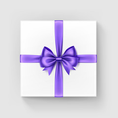 White Square Gift Box with Purple Bow and Ribbon