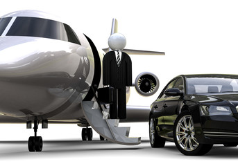 Fototapeta na wymiar High Class transportation / 3D render image of a private jet with an expensive limousine representing high class transportation