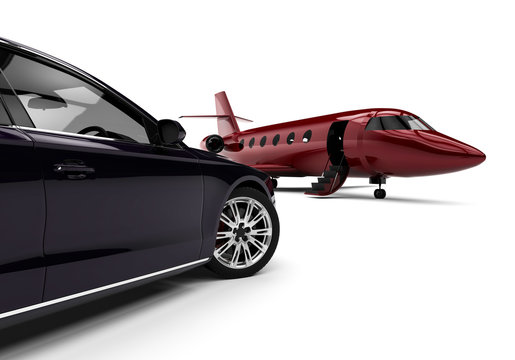 High Class transportation / 3D render image of a private jet with an expensive limousine representing high class transportation
