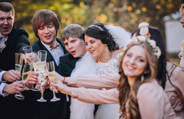 Wedding guests clinking glasses with the newlyweds at the park. Newlyweds with bridesmaids and groomsmen having fun. Toast. Champagne glass.
