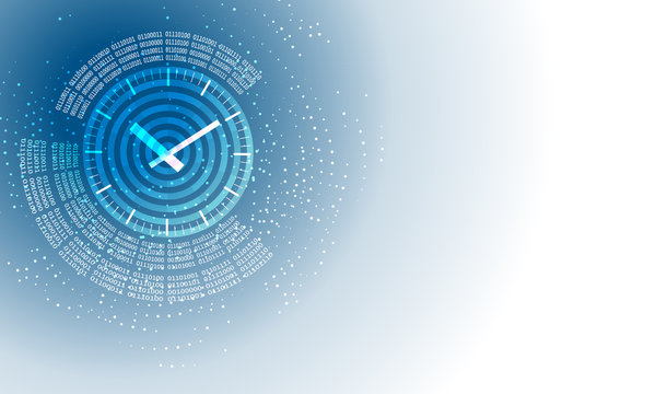 Vector abstract background with circular binary code and watches