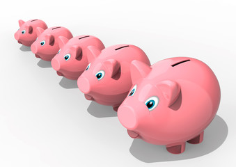  A row of piggy banks / 3D render image representing a row of piggy banks 