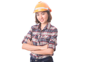 Woman engineer on white background.