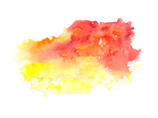 Yellow to red gradient stain painted in watercolor on white isolated background