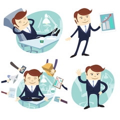 Vector Illustration Set of officeman: lazy worker foot on desk, salesman with device, busy multitasking man, waving office white collar