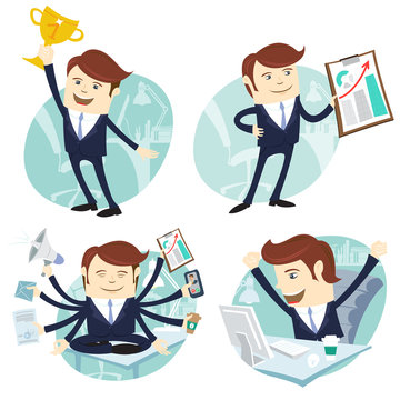 Vector Illustration Office man set: showing a graph, Happy worker at his desk, busy yoga white collar working hard by eight hands, winner with first place golden cup 