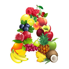 Vector Illustration Letter A composed of different fruits with leaves