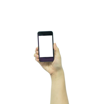 Woman hand holding the black smartphone with blank screen, isola