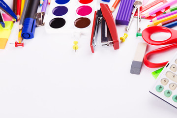 Different office supplies on a white background. Back to school. Space for text