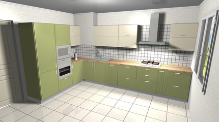 3D interior rendering modern green kitchen