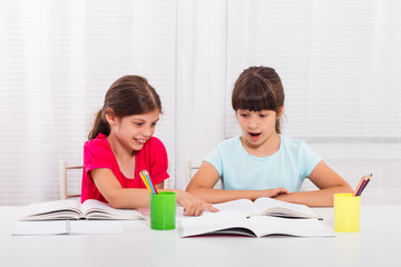 Fototapeta premium Little girls are doing homework and one little girl is showing something very interesting in book to her friend and she is surprised. 