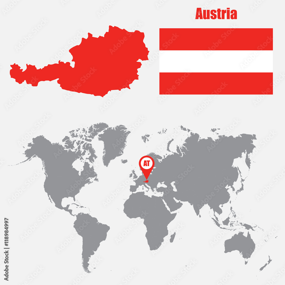 Aufkleber Austria map on a world map with flag and map pointer. Vector illustration