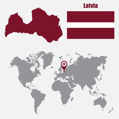 Obraz premium Latvia map on a world map with flag and map pointer. Vector illustration