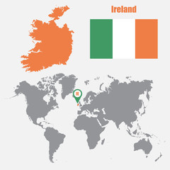 Ireland map on a world map with flag and map pointer. Vector illustration