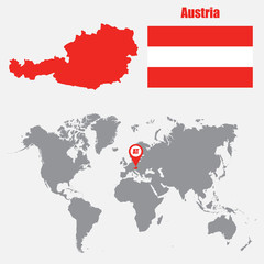 Fototapeta premium Austria map on a world map with flag and map pointer. Vector illustration
