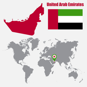 UAE map on a world map with flag and map pointer. Vector illustration