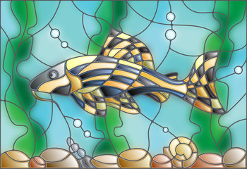 Illustration in stained glass style with a catfish on the background of water and algae