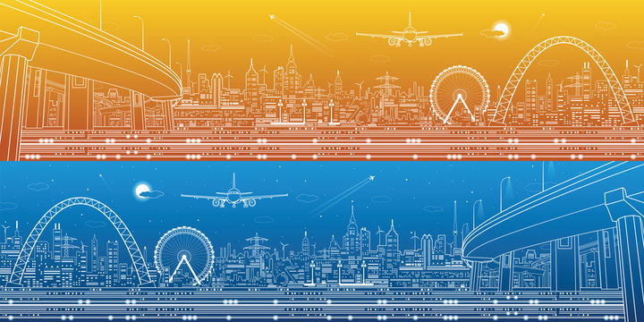 Industrial and technology panorama, urban landscape, infrastructure scene, day and night city, vector design art