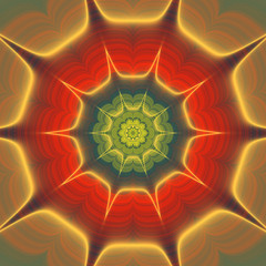 Abstract rotating object with stylized flowers and rays. Red, green, orange and gold psychedelic circular glowing layered object with 
blurred gold rays