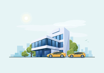 Obraz na płótnie Canvas Office Building with Taxi Cars and City Background