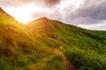 Picturesque Carpathian mountains landscape, sun over mount, evening time, Ukraine.