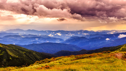 Picturesque and dramatic Carpathian mountains landscape, sunset evening time, Ukraine.