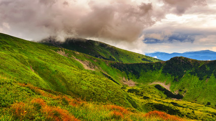 Picturesque and dramatic Carpathian mountains landscape, sunset evening time, Ukraine.