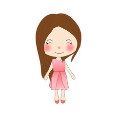 Cute Girl in Rose Pink Dress. isolated on white background. Vector Illustration