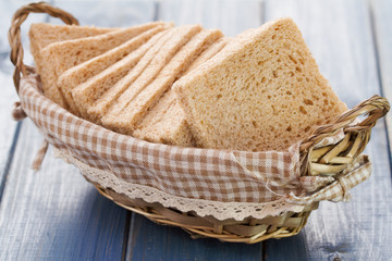 bread in basket on blue wooden background
