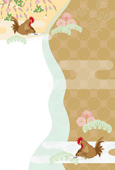 書き初めをするニワトリと梅の花と松の葉の酉年のイラスト年賀状ベクターeps 素材
