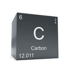 Carbon chemical element symbol from the periodic table displayed on black cube