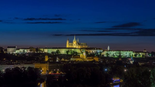 Evening view of Prague Castle over Vltava river timelapse, Czech Republic