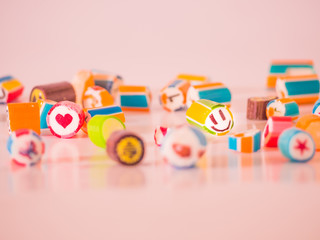 Colorful candies. Focus at smiley face and heart shape candy.