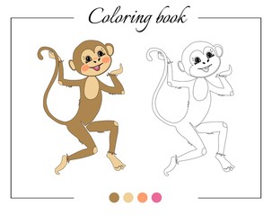 Coloring book with funny monkey. Cartoon vector illustration for children education.