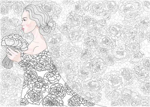 vector princess bride on a background of flowers decorative pattern