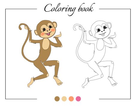 Coloring book with funny monkey. Cartoon vector illustration for children education.
