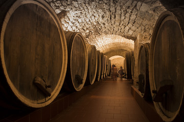 Antique Wine Cellar with Rusty Wooden Barrels