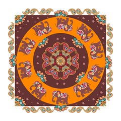 India. Ethnic bandana print with beautiful flowers, paisley and elephants. Summer kerchief square pattern design style for print on fabric. Mandala.