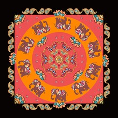 India. Ethnic bandana print with beautiful flowers, paisley and elephants. Summer kerchief square pattern design style for print on fabric. Mandala.