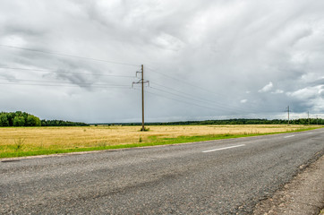 Fototapeta na wymiar asphalt road and forest. Summer landscape with country road and field of wheat. Road lane and deep sky. Nature design. asphalt road and perfect green field.