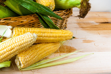 Fresh corn with leaves on a light wooden table, close view