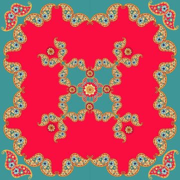 Ethnic bandana print. Bright silk neck scarf with paisley ornament. Summer kerchief square pattern design style for print on fabric. Vector illustration.