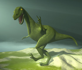 3d render of green cartoon dinosaur on a foggy terrain background