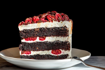 Chocolate raspberry layer cake with white frosting. One big piece, slice on a plate with a fork.  Side view with side lighting shows texture detail. Close up. Black background