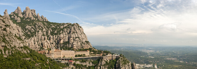 Panoramic view of Montserrat Abbey. Spain - obrazy, fototapety, plakaty