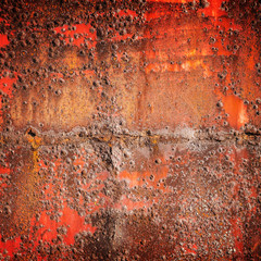 Old red rusted iron wall, square background texture