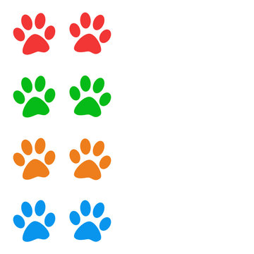 Colorful animal paws prints stripe on white background with copy space for the text.. Raster graphic image