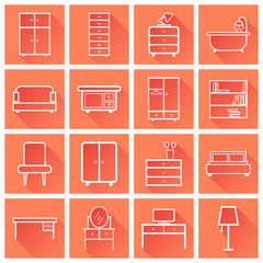 Furniture icons set. Flat vector illustration with long shadow on orange background. Universal icon for web design.