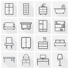 Furniture icons set. Flat vector illustration with long shadow on grey background. Universal icon for web design.